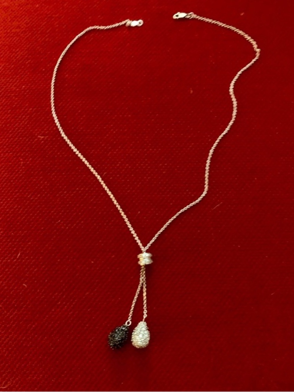 Vintage Two-Tone CZ Lariat Necklace – Y2K Silver Pavé Black & White Teardrops